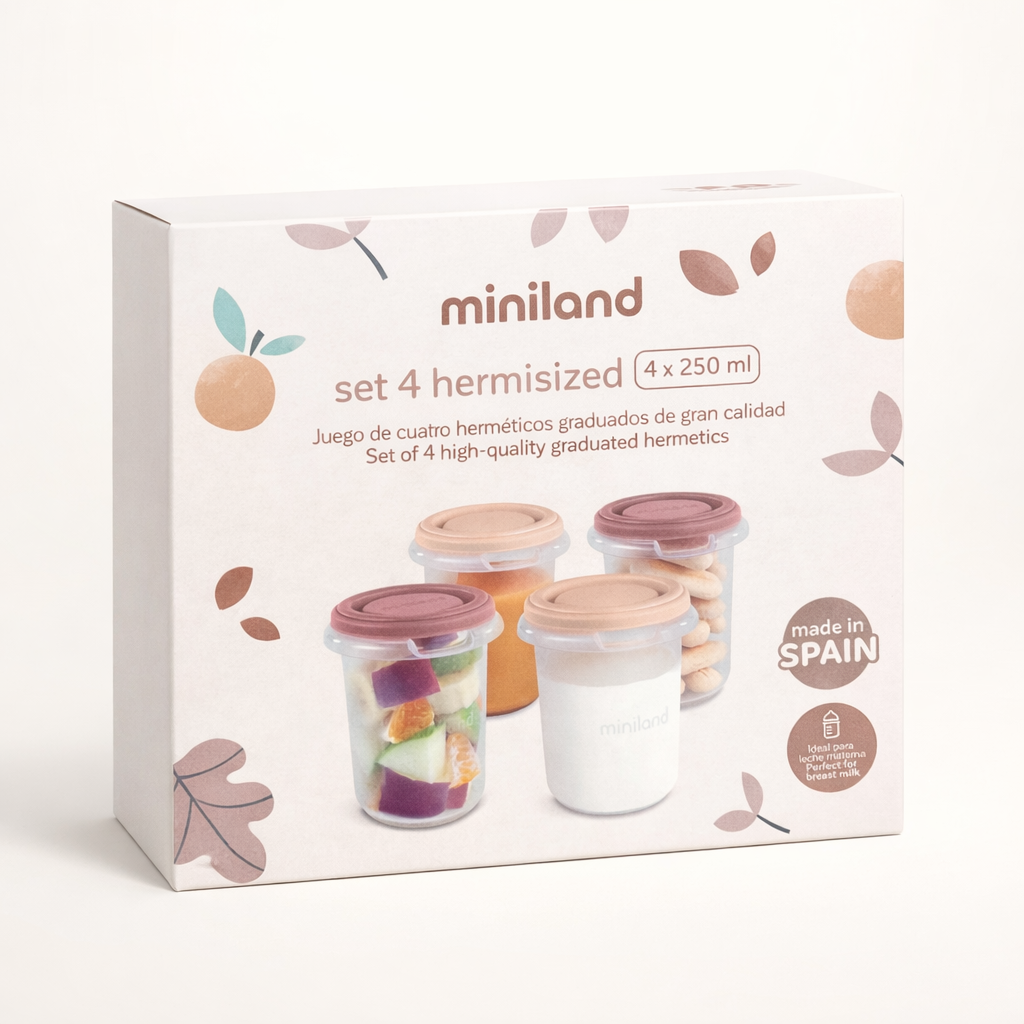 Miniland Set 4 Pots Hermétiques Gradués 250 ml – Conservation Bébé (Fabriqué en Espagne)