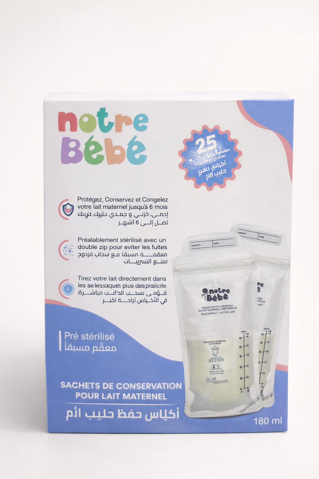 Notre Bébé – Sachets de Conservation du Lait Maternel 180 ml (x25) Pré-Stérilisés