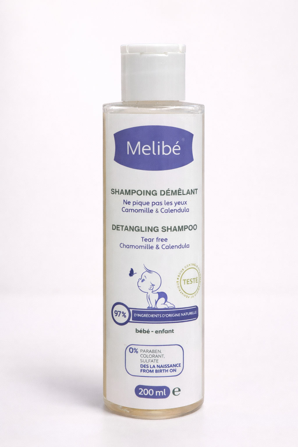 Melibé Shampoing Démêlant Bébé – Camomille & Calendula | Ne Pique Pas les Yeux | 97% d’Origine Naturelle – 200 ml