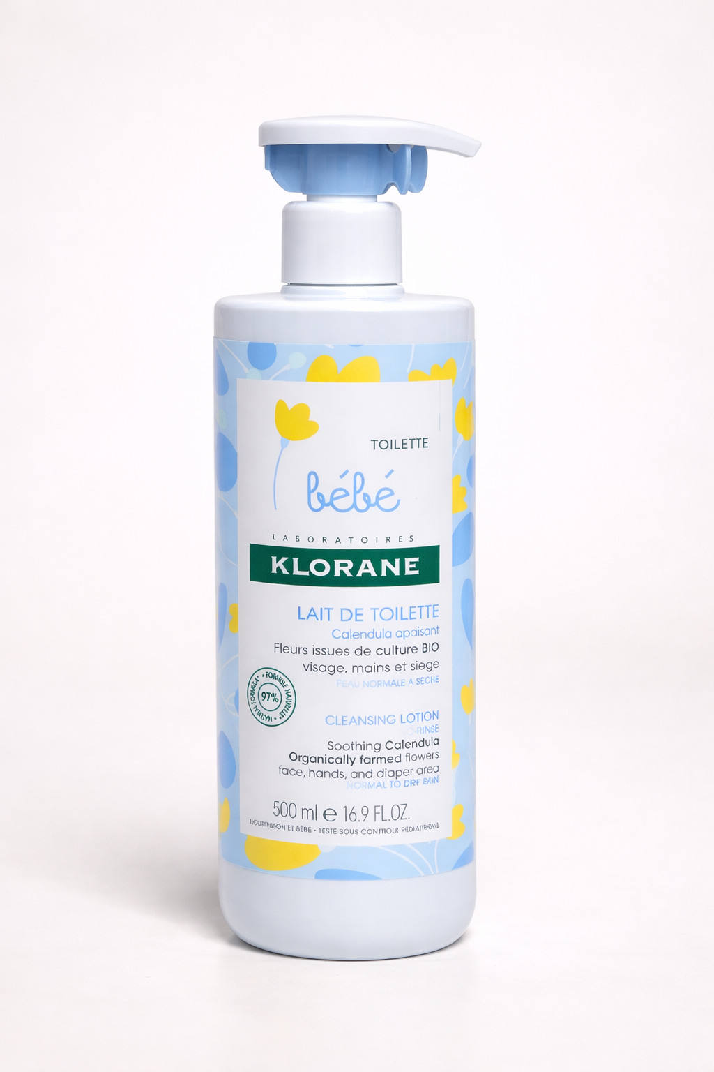 Klorane Bébé Lait de Toilette au Calendula BIO – Visage, Mains & Siège 500 ml | Nettoyage Doux Sans Rinçage