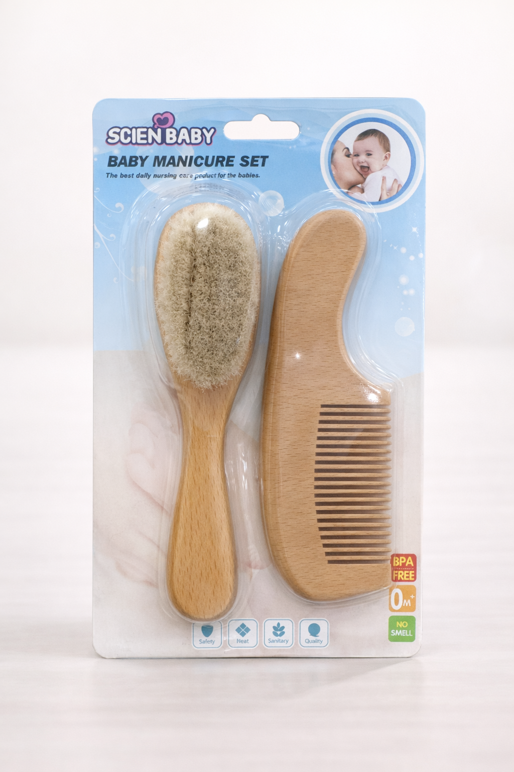 Scien Baby Kit Brosse & Peigne Bébé 0m+ – Baby Manicure Set (Bois naturel)