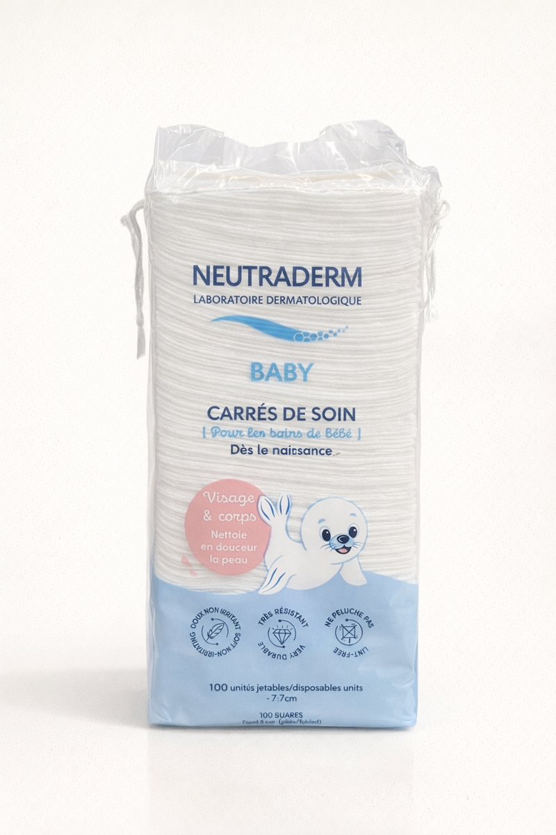 Neutraderm Baby Coton Carrés de Soin 100 Unités – Carrés Doux Visage & Corps Dès la Naissance