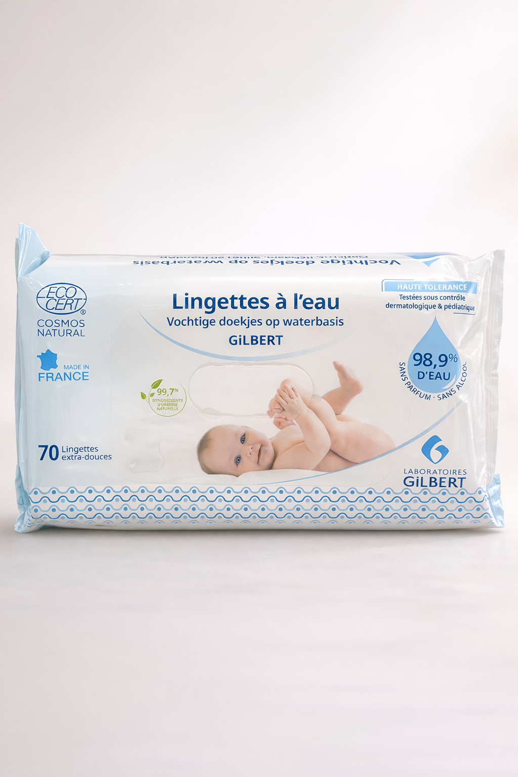 Gilbert Lingettes à l’Eau 70 unités – 98,9% d’Eau, Haute Tolérance, Certifiées Cosmos Natural
