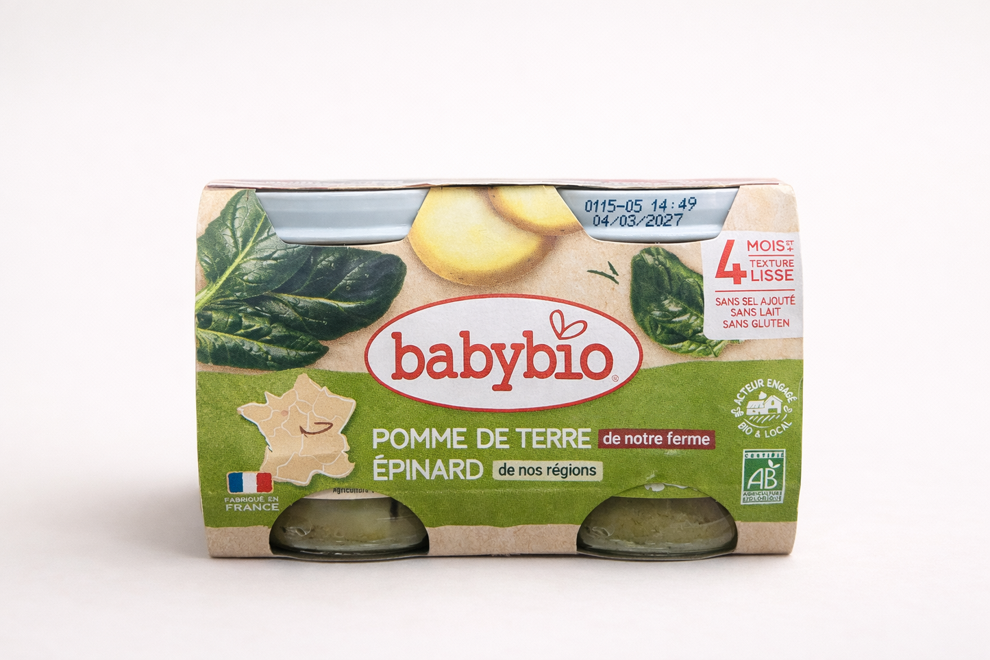 Babybio Pomme de Terre & Épinard Bio – Dès 4 mois (2 x 130 g)