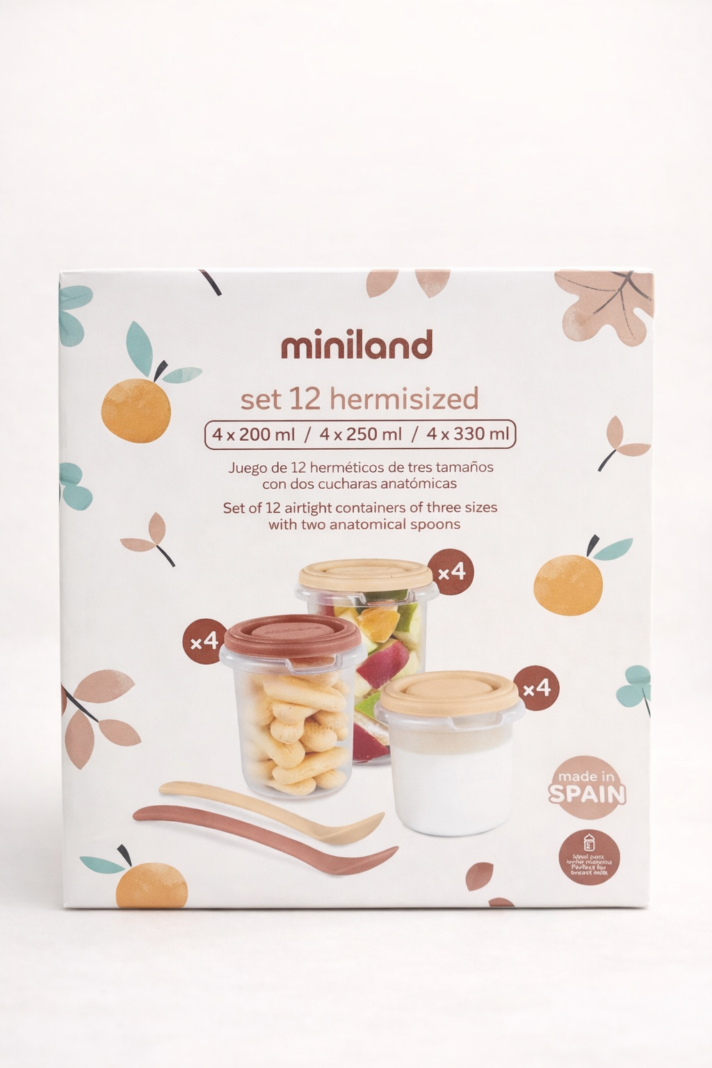 Miniland Set 12 Récipients Hermétiques – 4x200ml / 4x250ml / 4x330ml + 2 Cuillères (Made in Spain)