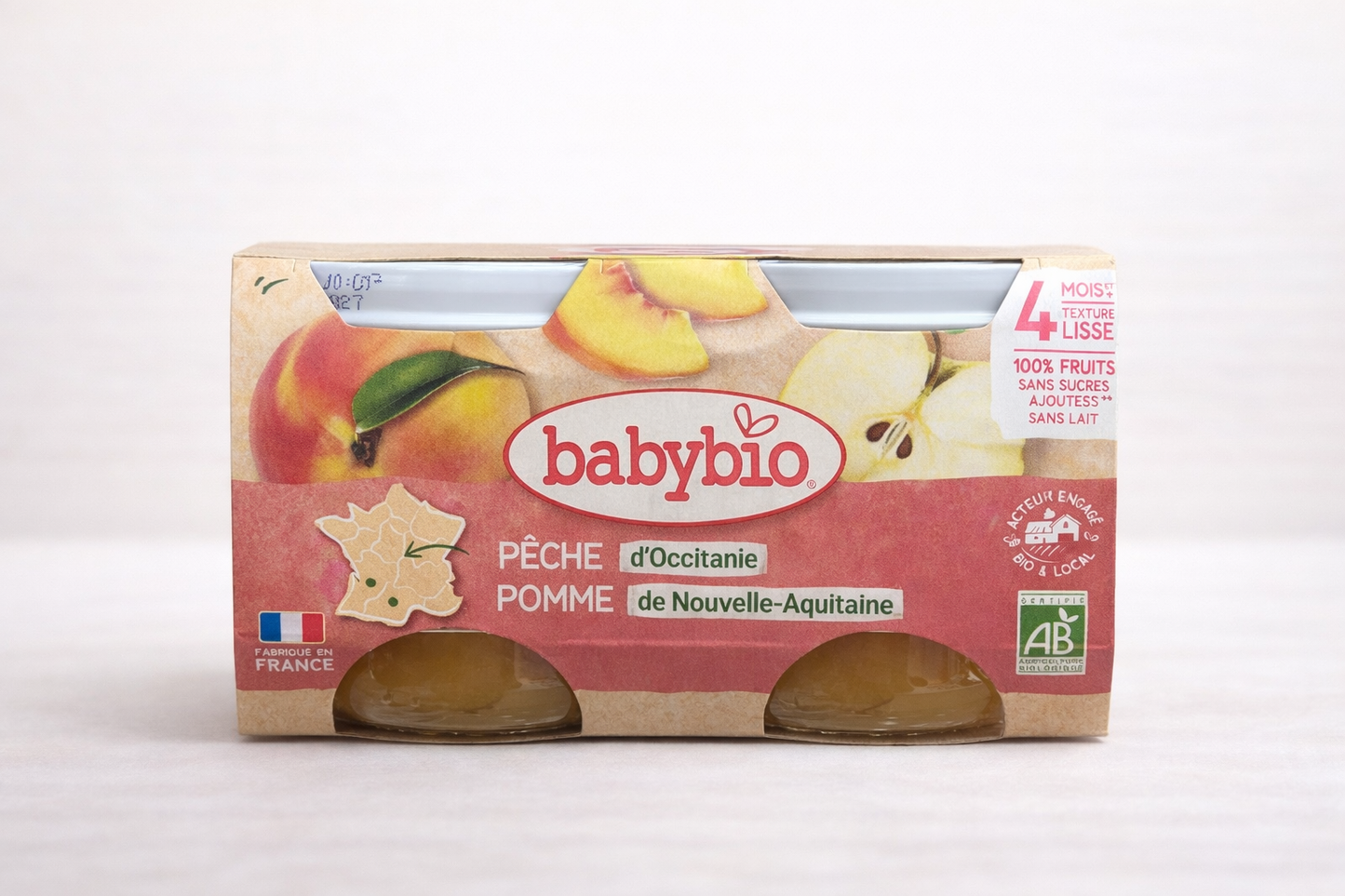 Babybio Pêche d’Occitanie & Pomme de Nouvelle-Aquitaine – Dès 4 Mois (2 x 130 g env.)