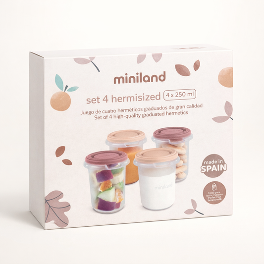 Miniland Set 4 Pots Hermétiques Gradués 250 ml – Conservation Bébé (Fabriqué en Espagne)