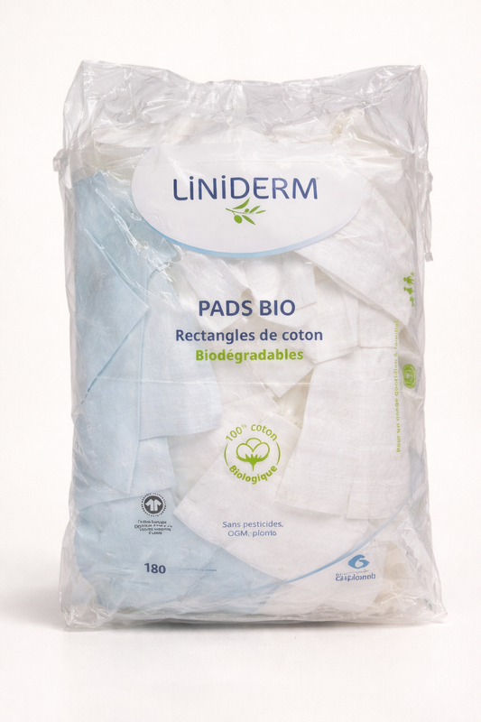 Liniderm Pads Bio – Rectangles de Coton 100% Biologique, Biodégradables (x180)
