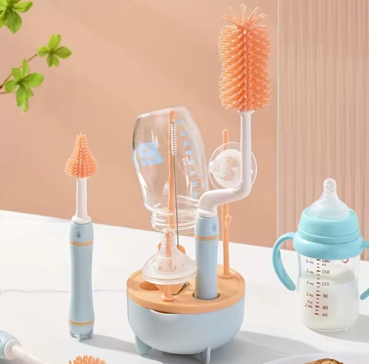 Ensemble de nettoyage portable 6-en-1 pour biberons avec support de séchage, 2 brosses en silicone pour biberons, brosse pour pailles, brosse pour tétines et boîte de rangement