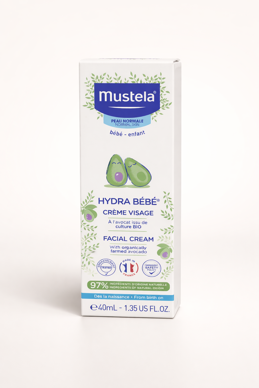 Mustela Hydra Bébé Crème Visage – Peau Normale, Avocat Bio (Dès la Naissance – 40 ml)