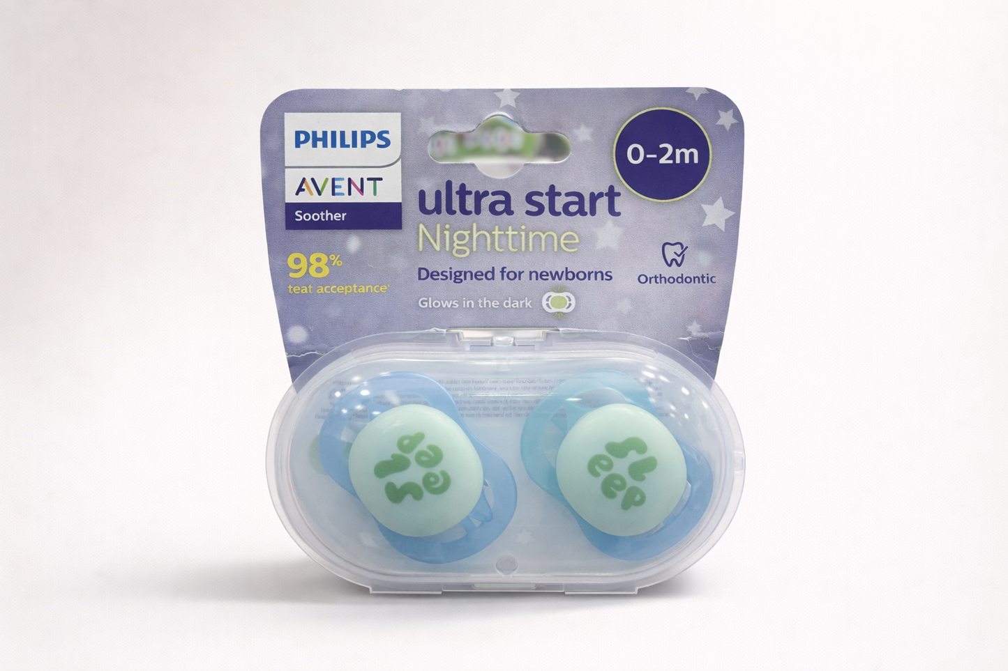Philips Avent Ultra Start Nighttime Sucette 0–2 mois – Lot de 2 (Orthodontique, Phosphorescente)