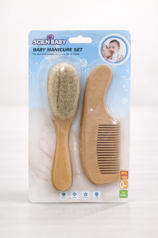 Scien Baby Kit Brosse & Peigne Bébé 0m+ – Baby Manicure Set (Bois naturel)