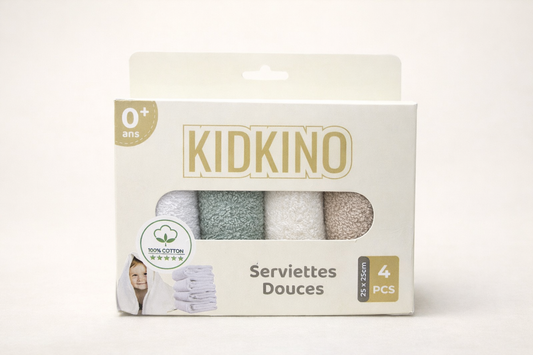 KIDKINO Serviettes Douces Bébé – 100% Coton, 25x25 cm, Lot de 4 (0+)
