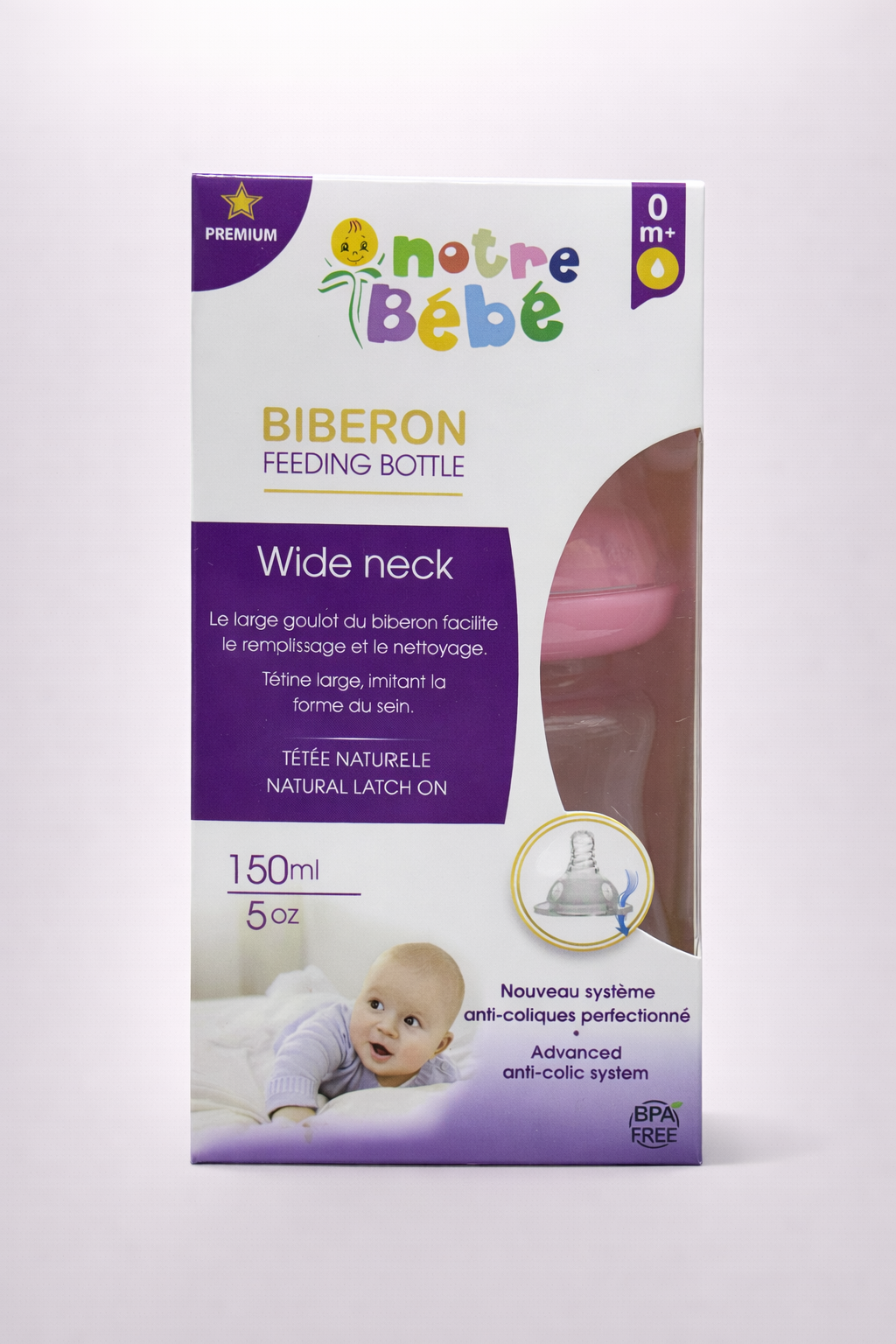 Notre Bébé Biberon Col Large 150 ml – Anti-Coliques, Sans BPA (0m+)