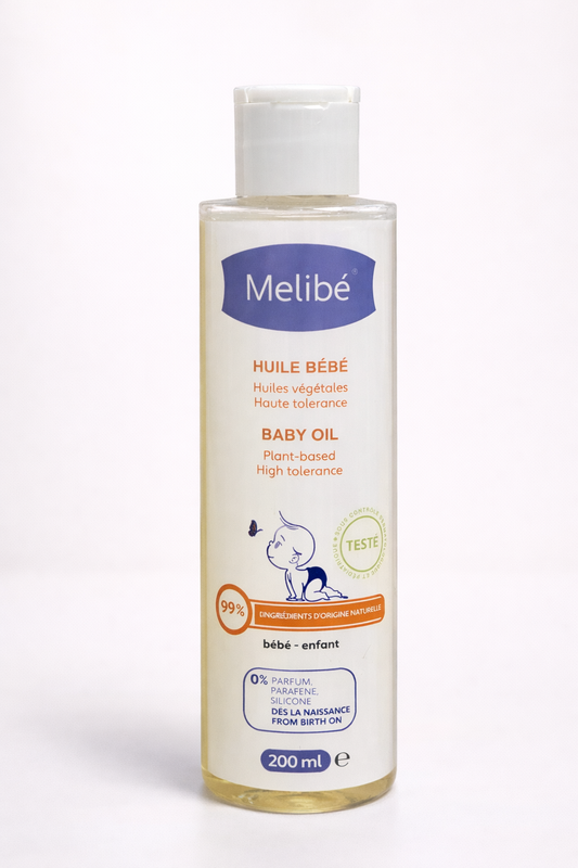 Melibé Huile Bébé 200ml – 99% d’Origine Naturelle, Sans Parfum, Dès la Naissance