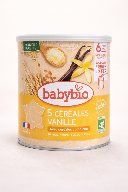 Babybio 5 Céréales Vanille Bio – Dès 6 mois (Source de fibres & de fer)
