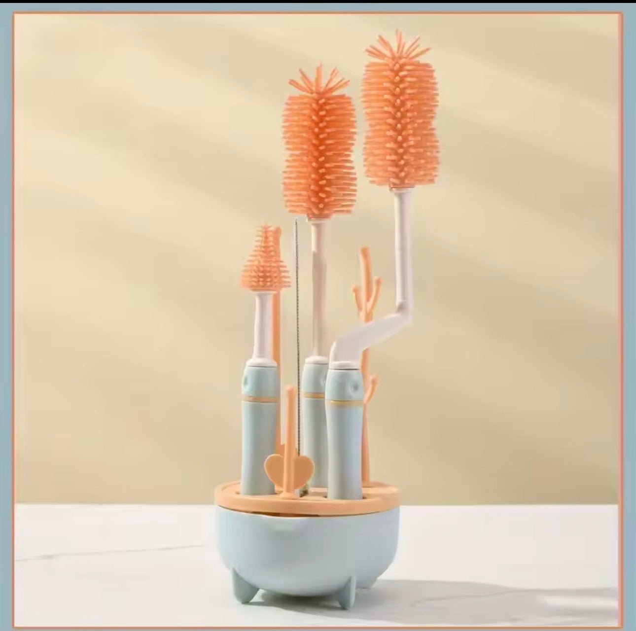 Ensemble de nettoyage portable 6-en-1 pour biberons avec support de séchage, 2 brosses en silicone pour biberons, brosse pour pailles, brosse pour tétines et boîte de rangement