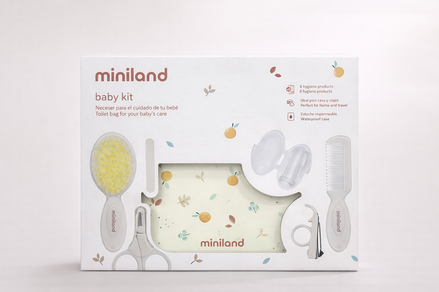 Miniland Baby Kit Soin Bébé – Set complet hygiène avec trousse imperméable, idéal naissance & voyage