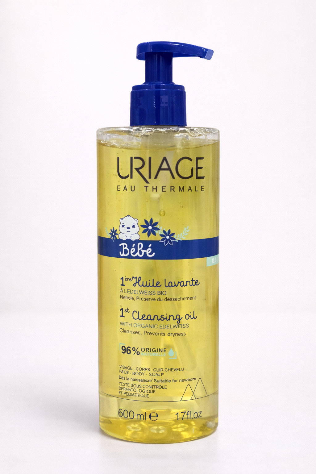 Uriage Bébé 1ère Huile Lavante 600 ml – Nettoie en douceur dès la naissance, 96% d’origine naturelle