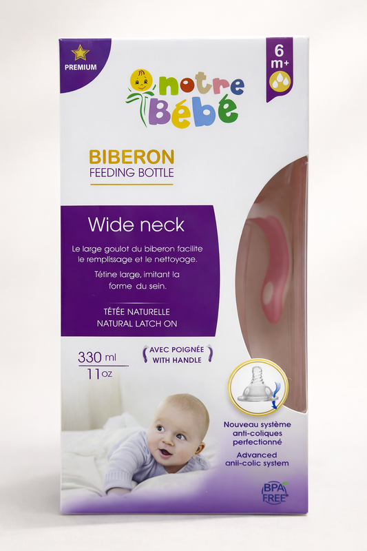 Notre Bébé Biberon Wide Neck 330ml – 6m+ avec Poignées & Système Anti-Coliques (BPA Free)