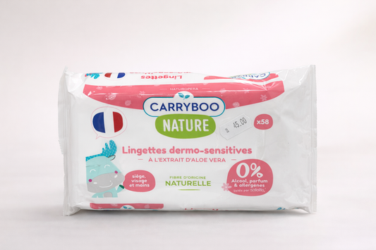 Carryboo Nature Lingettes Dermo-Sensitives Aloe Vera x58 – 0% alcool & parfum, fibre d’origine naturelle